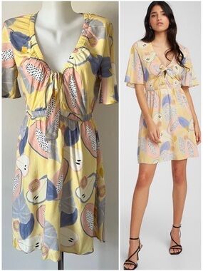 Lez a Lez Pastel Papayas Fit  and Flare Mini Dress Fruit Botanical Yellow Sz S